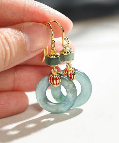 Retro Light Green Sterling Silver Overgild Jade Enamel Ping Buckle Drop Earrings Gh1011