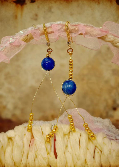 Retro Peacock Blue Tasseled Gem Stone Drop Earrings