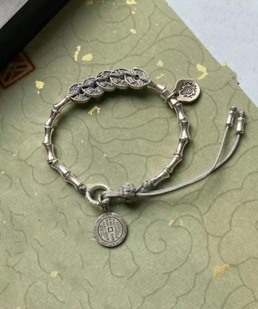 Retro Silk Sterling Silver Five Emperor Coins Tassel Charm Bracelet Gh1048