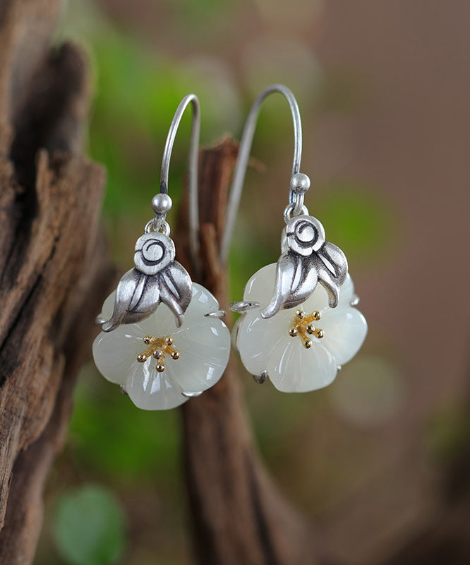 Retro Silk Sterling Silver Inlaid Jade Drop Earrings Kx1088