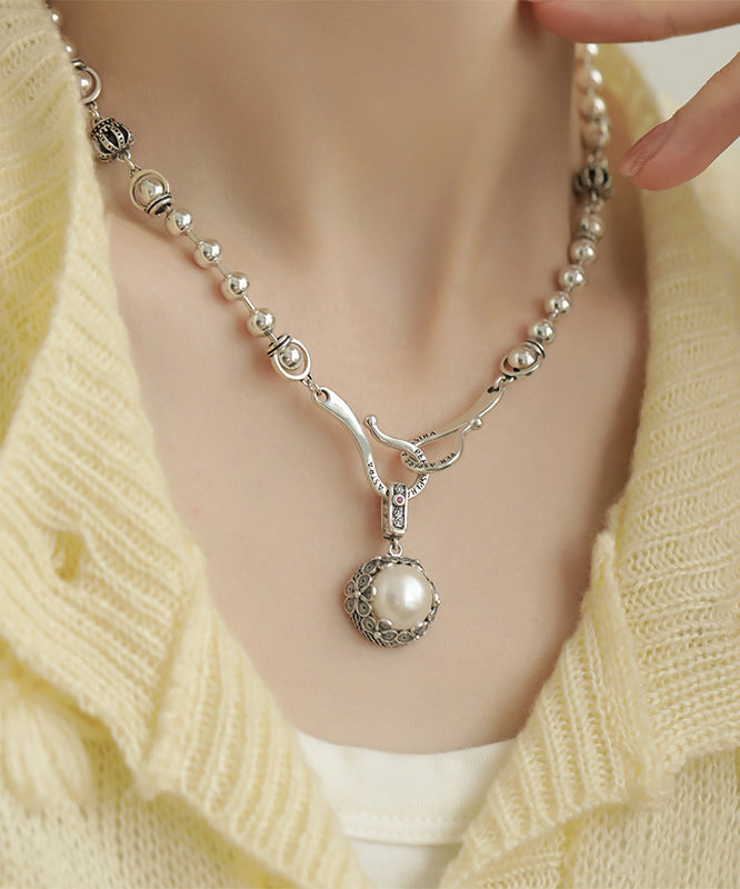 Retro Silk Sterling Silver Pearl Pendant Necklace Kx1085