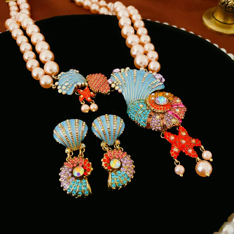 Rhinestone Shell & Starfish Double Pearl Necklace & Rhinestone Sea Shell & Ammonite Earrings Set