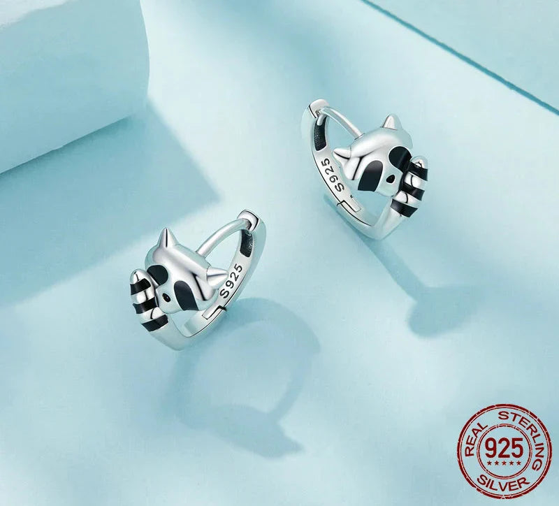 Sterling Silver Raccoon Hoop Earrings