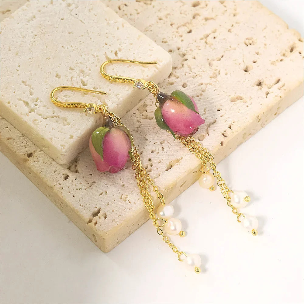 Pearl & Rose Drop Earrings
