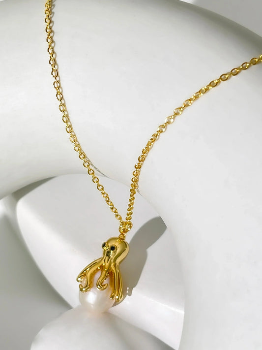 18k Gold Plated Octopus & Freshwater Pearl Necklace
