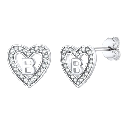 Silver Heart Initial Letter Stud Cubic Zirconia Earrings for Girl