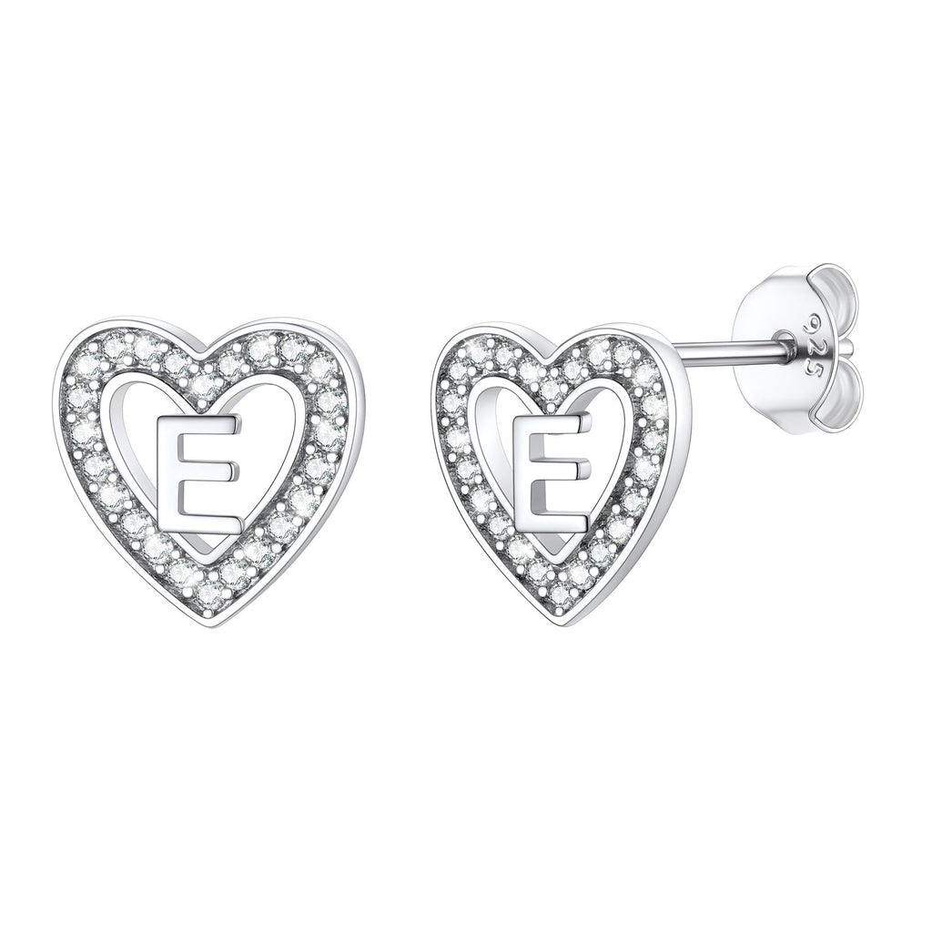 Silver Heart Initial Letter Stud Cubic Zirconia Earrings for Girl
