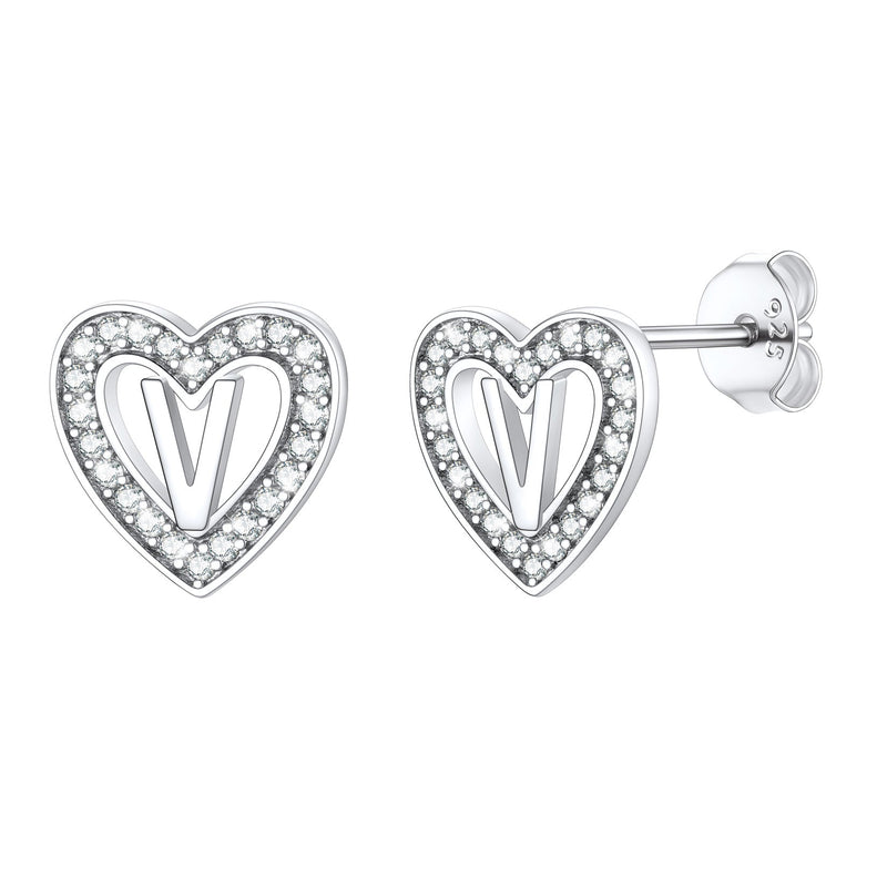 Silver Heart Initial Letter Stud Cubic Zirconia Earrings for Girl