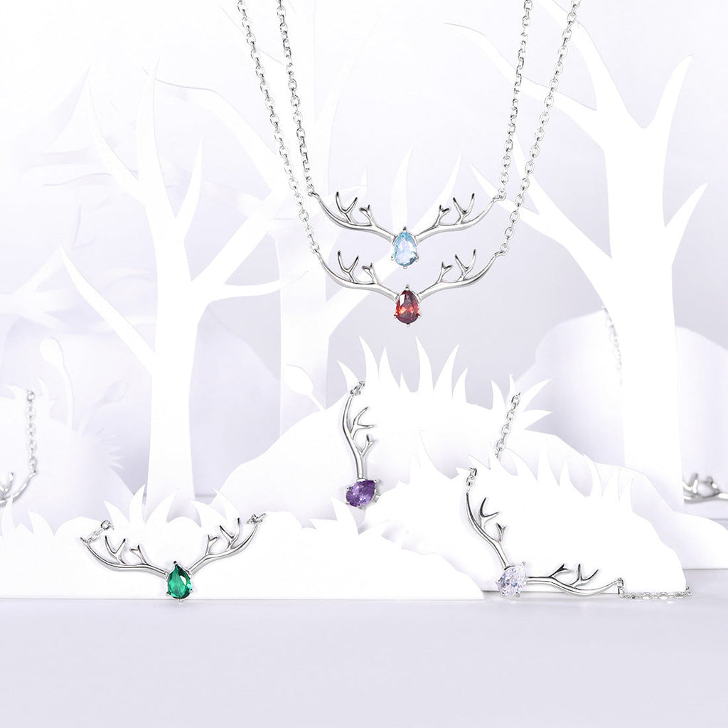925 Sterling Silver Birthstone Deer Antler Necklace for