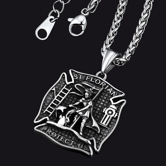 Firefighter Saint Florian Medallion Necklace in 316l Stainless Steel
