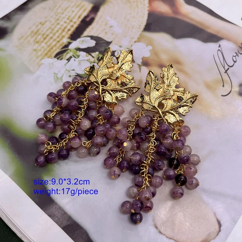 Grape & Gold Leaf Tassel Earrings