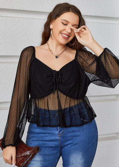 Black V Neck Drawstring Hollow Out Tulle Tops Long Sleeve
