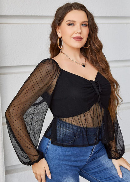 Black V Neck Drawstring Hollow Out Tulle Tops Long Sleeve