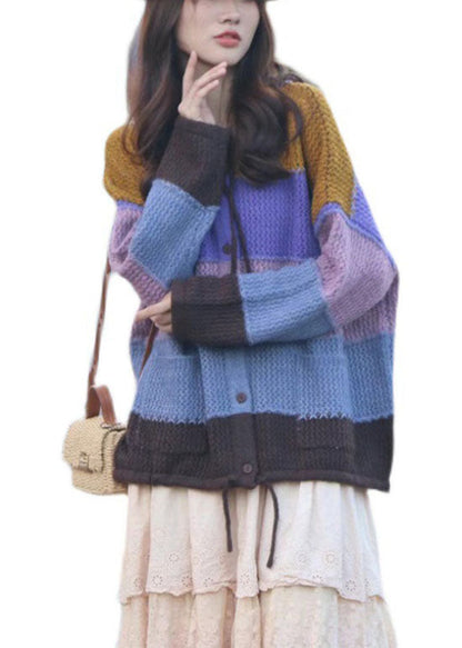Simple Purple Button Pockets Patchwork Fall Drawstring Knit Sweaters