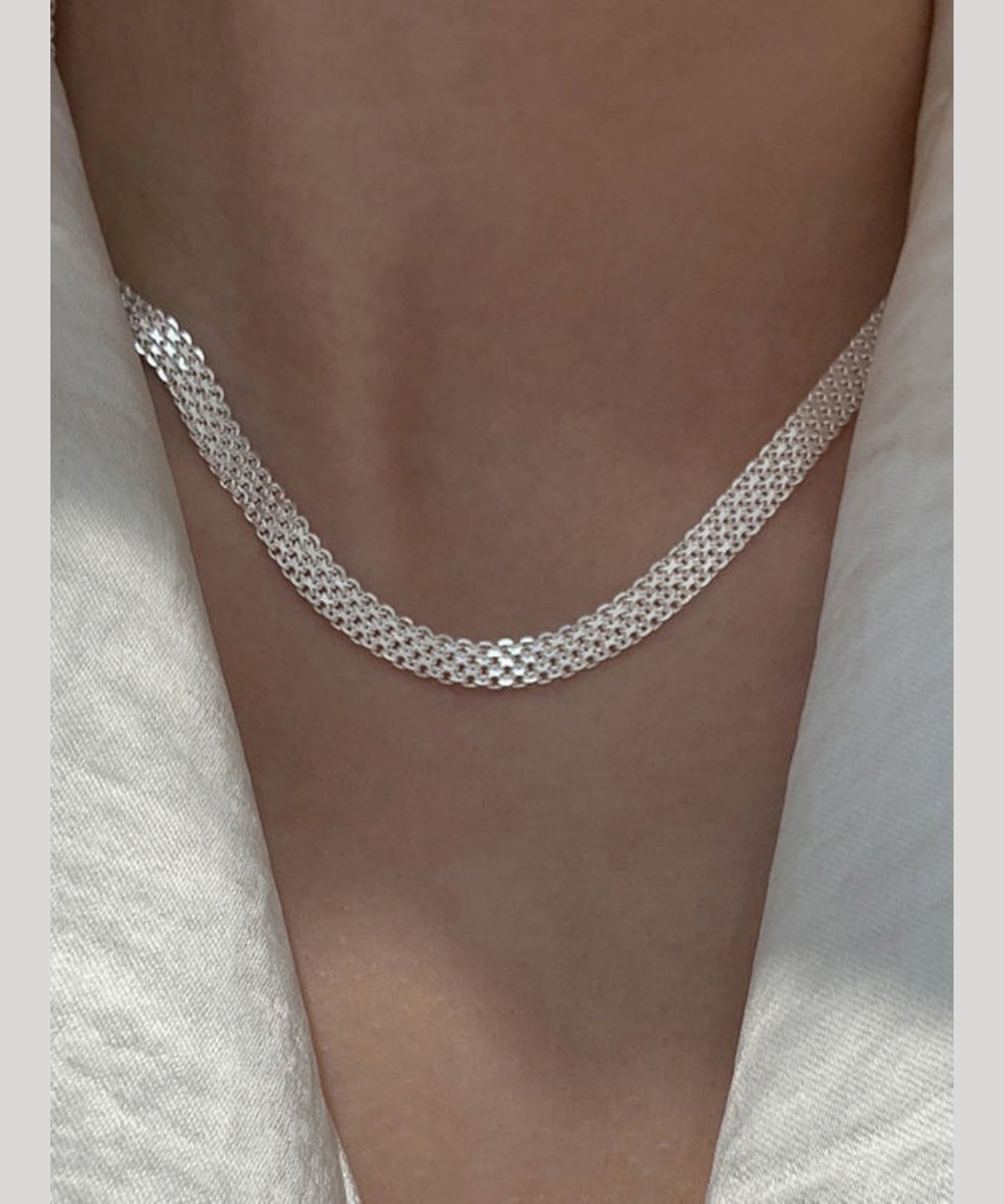 Simple White Sterling Silver Hand Woven Collar Necklace Po004