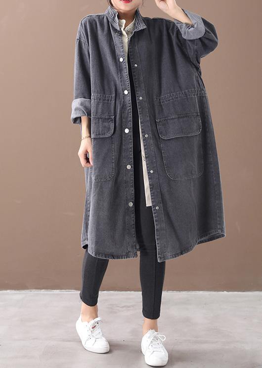 Simple Stand Collar Drawstring Tunic Coat Denim Black Midi Coats