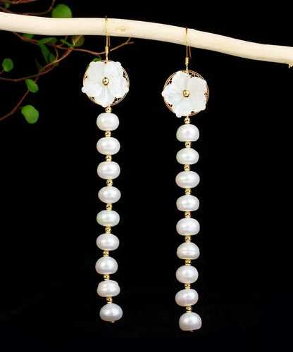 Sterling Silver Overgild Pearl Shell Flower Tassel Drop Earrings