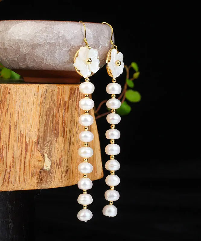 Sterling Silver Overgild Pearl Shell Flower Tassel Drop Earrings