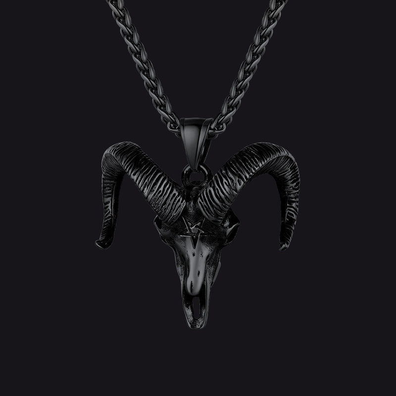 Satanic Goat Skull Head Necklace With Invert Pentagram