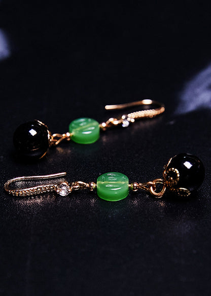 Style Black Agate Tassels Jade Drop Earrings