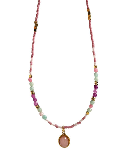 Style Light Purple Stainless Steel Zircon Agate Beading Pendant Necklace