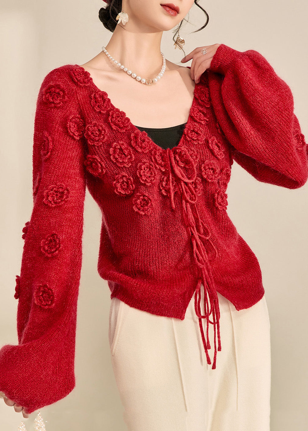Style Red V Neck Drawstring Cotton Knit Sweater Lantern Sleeve