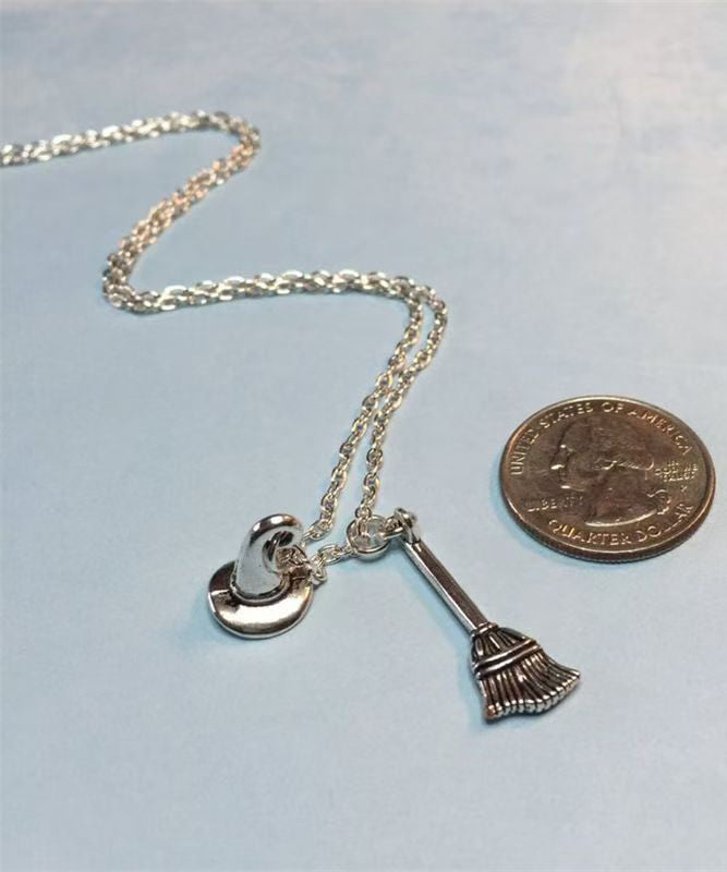 Style Silk Stainless Steel Chain Broom and Hat Pendant Necklace