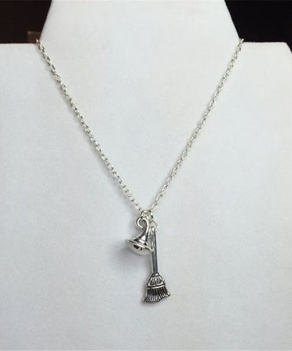 Style Silk Stainless Steel Chain Broom and Hat Pendant Necklace