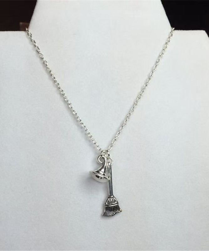 Style Silk Stainless Steel Chain Broom and Hat Pendant Necklace