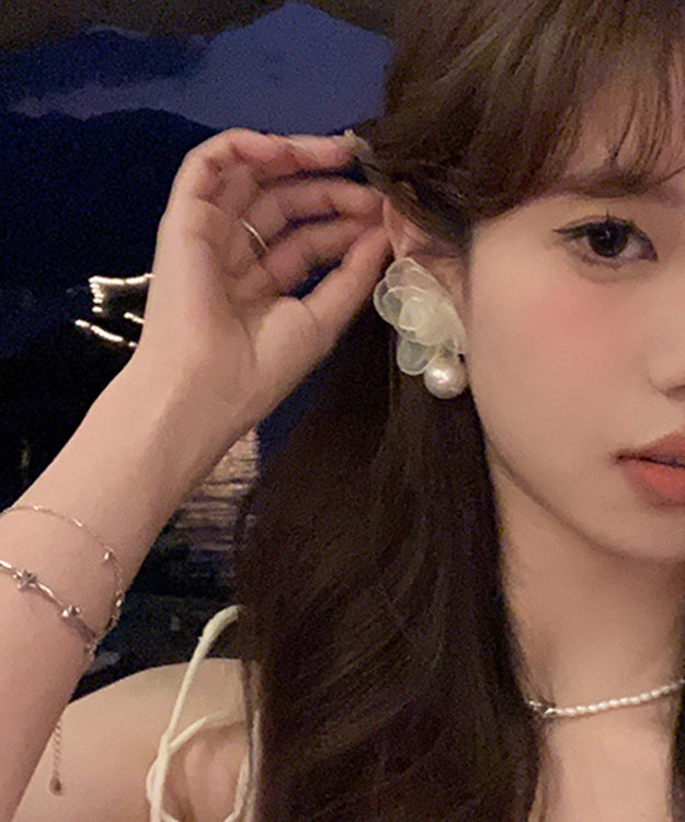 Stylish Beige Pearl Chiffon Hoop Earrings Ly1795