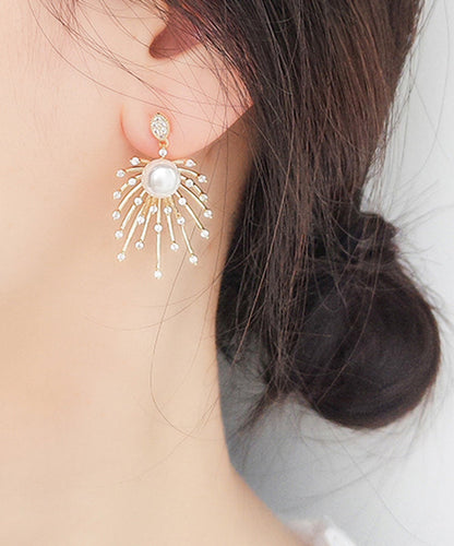 Stylish Gold Sterling Silver Copper Zircon Pearl Drop Earrings Kx1018