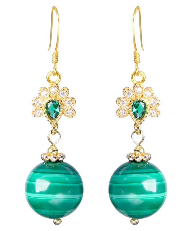 Sterling Silver Overgild Zircon Malachite Drop Earrings