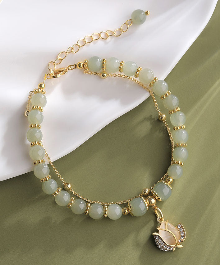Stylish Little Green Sterling Silver Overgild 14k Gold Jade Zircon Charm Bracelet