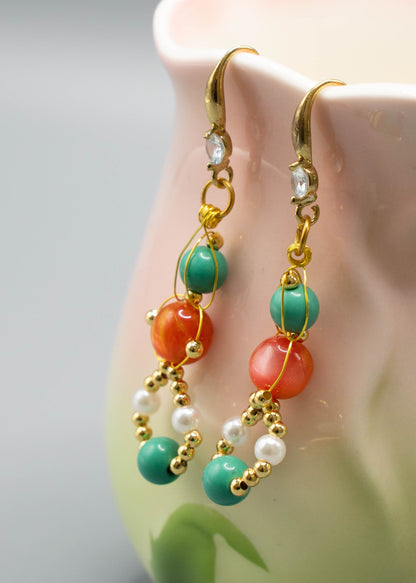 Stylish Orange Crystal and Fine Turquoise Drop Earrings