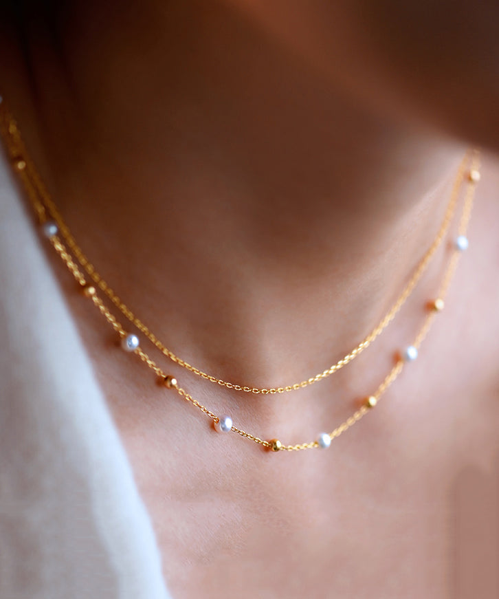 Stylish Pearl Double Layered Adjustable 14k Gold Necklace