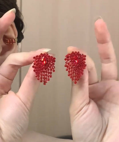 Zircon Earrings Stylish Stud Tassel Alloy Red
