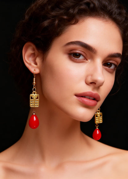 Stylish Red Coral Golden Abacus Drop Earrings
