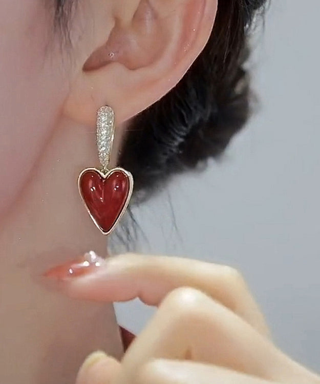Stylish Red Sterling Silver Overgild Zircon Love Drip Glaze Drop Earrings Kx1046