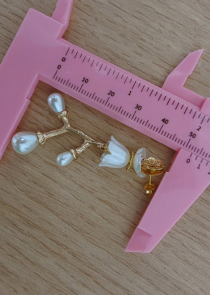 Stylish White Pearl Golden Branch Drop Earrings