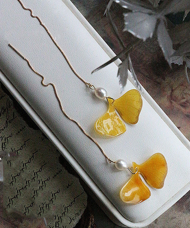 Stylish Yellow 14k Gold Pearl Ginkgo Leaf Tassel Drop Earrings Gh1070