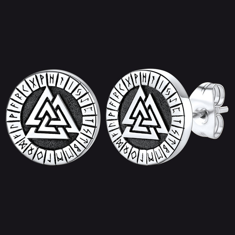 Viking Valknut Black Stud Earrings for With Runes