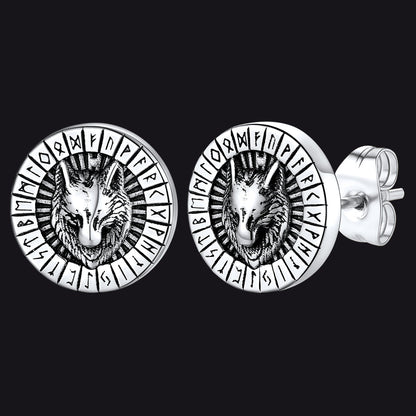 Viking Wolf Head Stud Earrings With Runes for