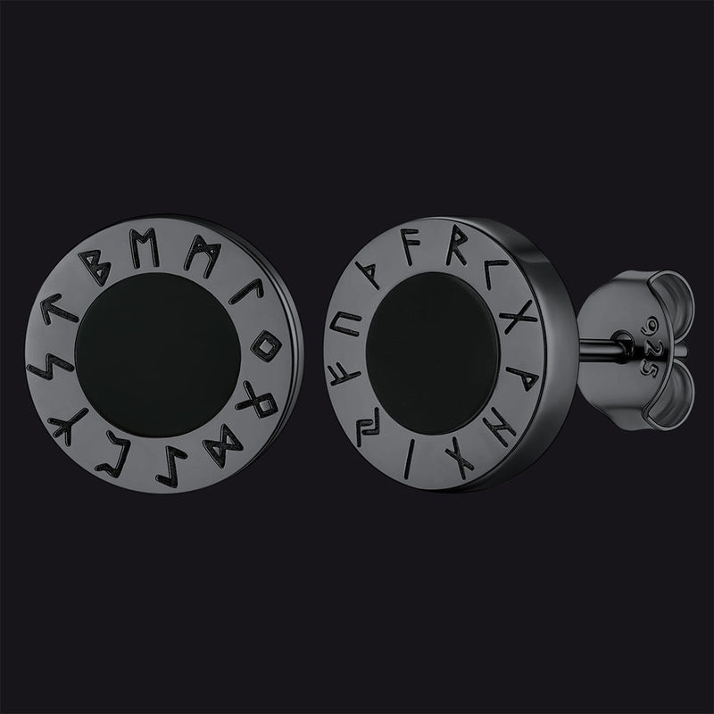 Sterling Silver Viking Runes Black Onyx Stud Earrings for
