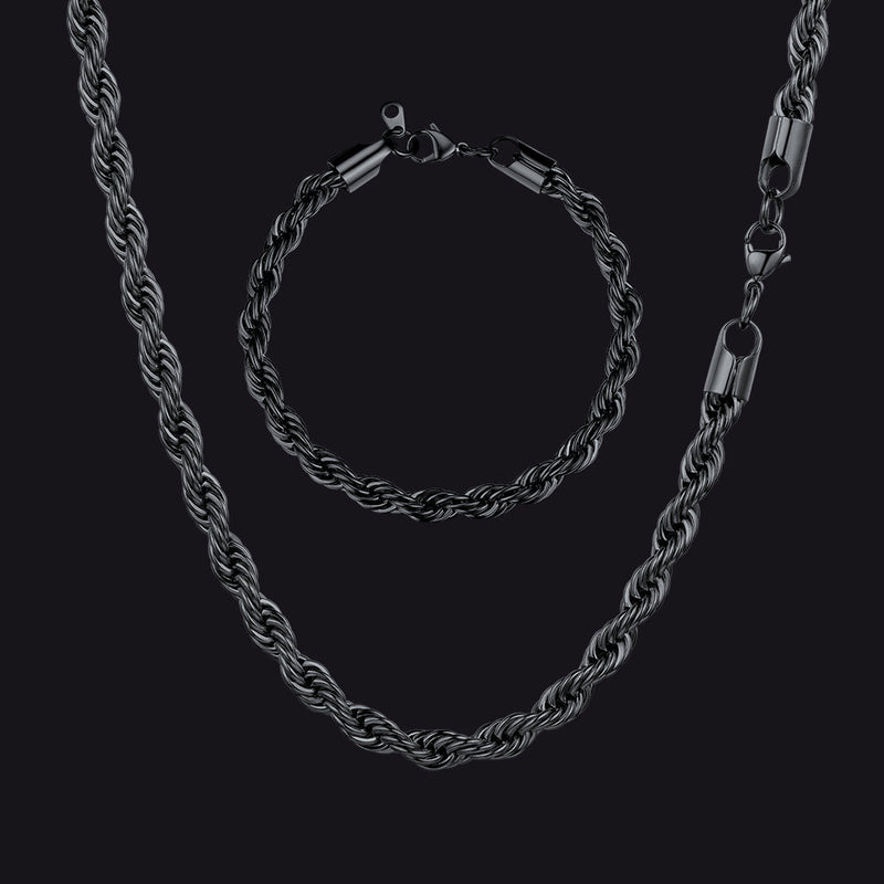 6mm Twisted Rope Link Chain & Rope Bracelet Bundle Set for