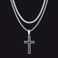 Flat Box Link Chain & Black Enamel Cross Layered Necklaces Set for