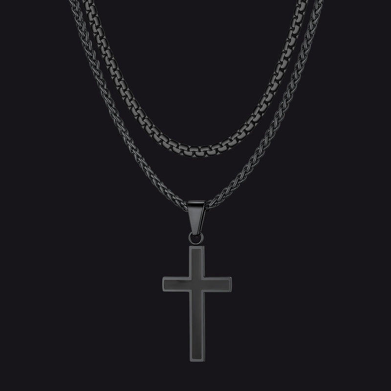 Flat Box Link Chain & Black Enamel Cross Layered Necklaces Set for