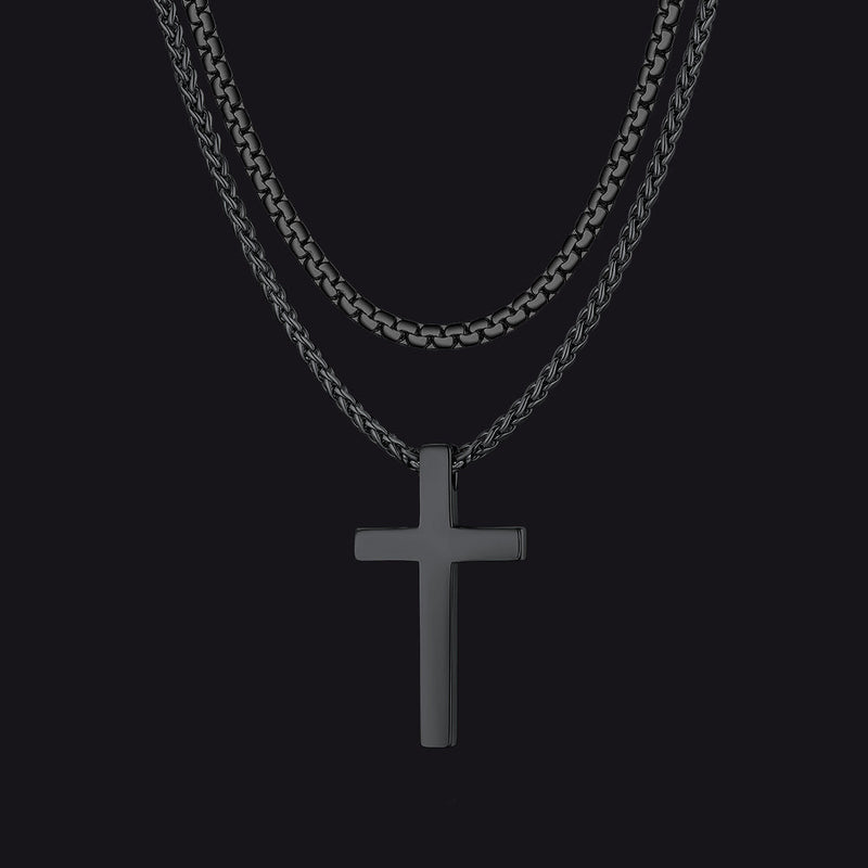 Flat Box Chain & Engraved Cross Layered Necklaces Set for
