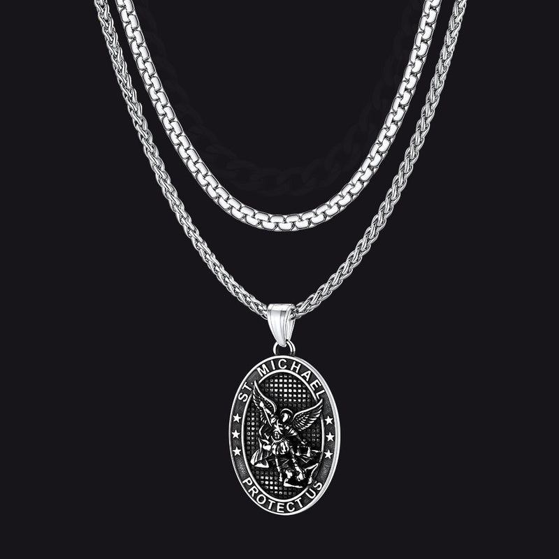 Flat Box Chain & St. Michael Layered Necklaces Set for