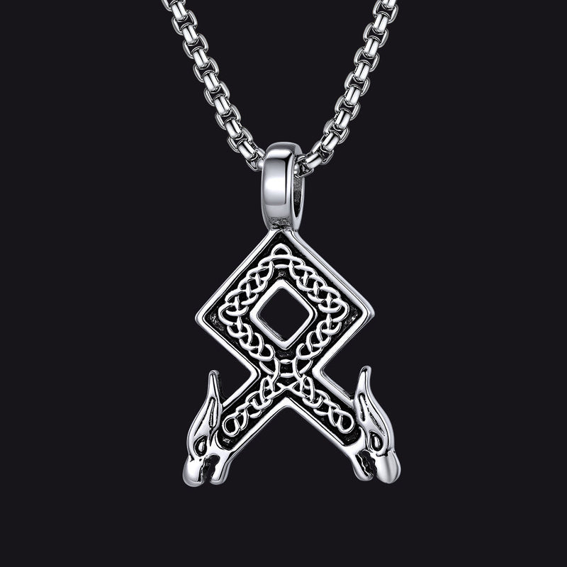 Viking Othala Rune Wolf Heads Pendant Necklace for