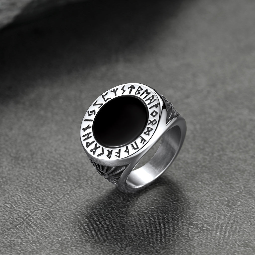Black Onyx Signet Ring With Viking Runes for